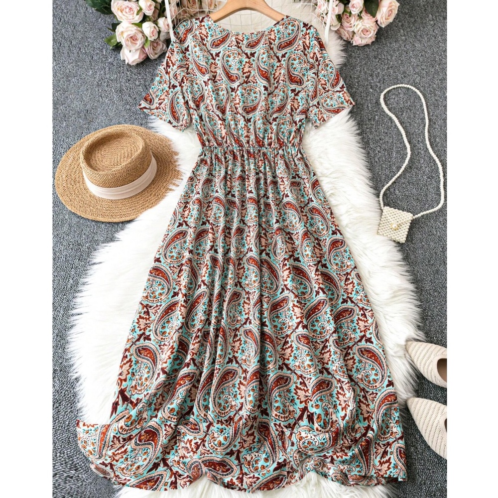 Boho Paisley Print Short Sleeve maxi Dress - Picture 3 of 5